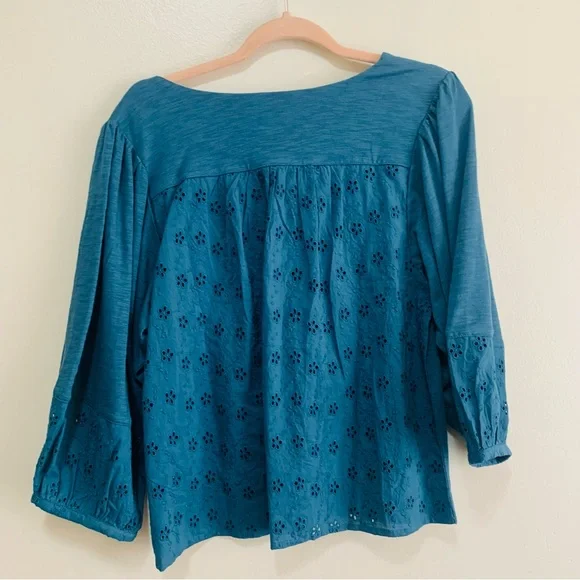 Garnet Hill Teal V-Neck Eyelet-Sleeve Peasant Blouse size medium - Picture 7 of 7